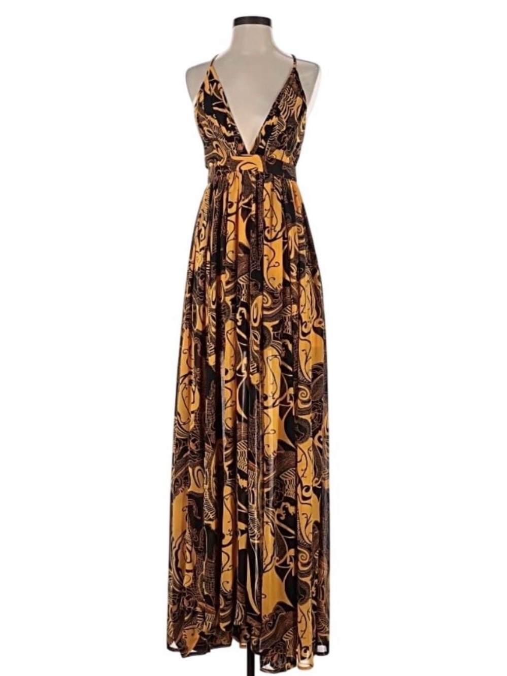 STEPS NY Black and Mustard V-Neck Spaghetti-Strap Maxi Dress
